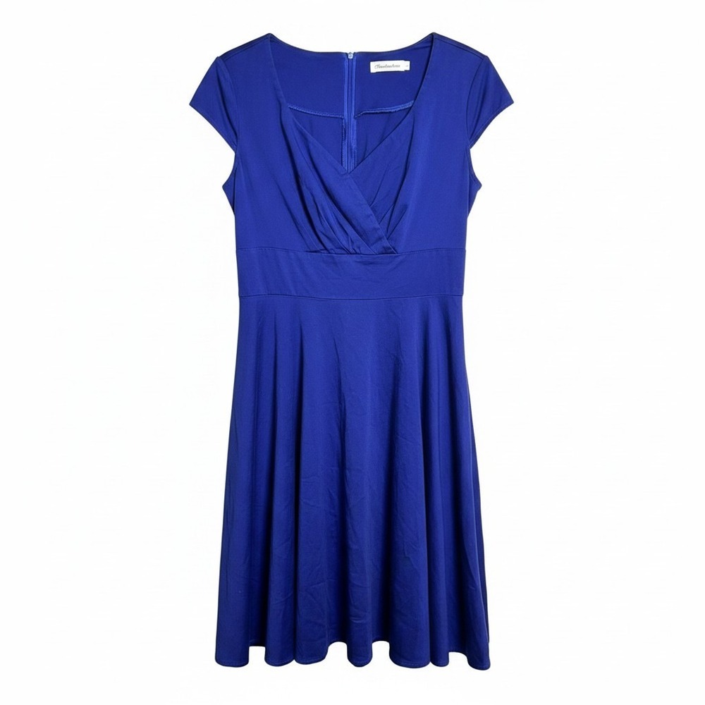 Bbonlinedress Royal Blue Y2K Fit and Flare Dress Short Sleeve Surplice Neck Lrg